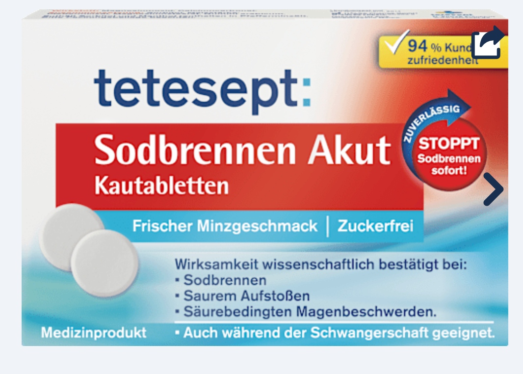 قرص  ضد سوزش معده جویدنی برند tetesept (۲۰عدد)