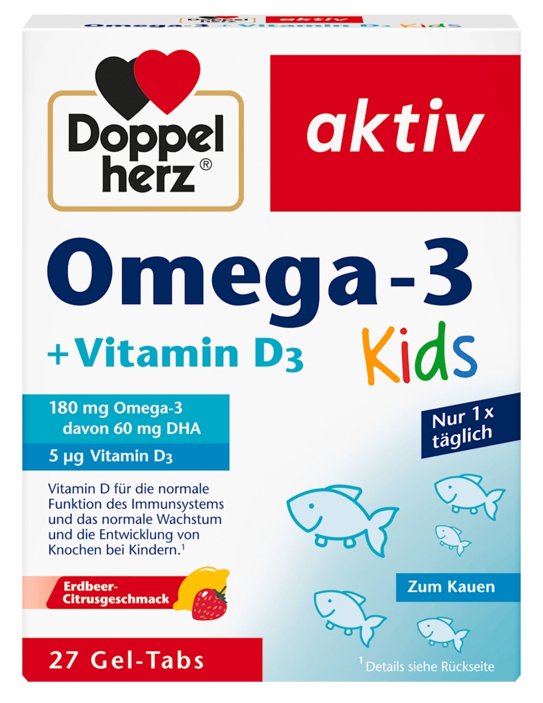 مکمل جویدنی کودکان امگا ۳ و ویتامین D3 با طعم توت‌فرنگی و مرکبات – Doppelherz Omega-3 + Vitamin D3 Kids