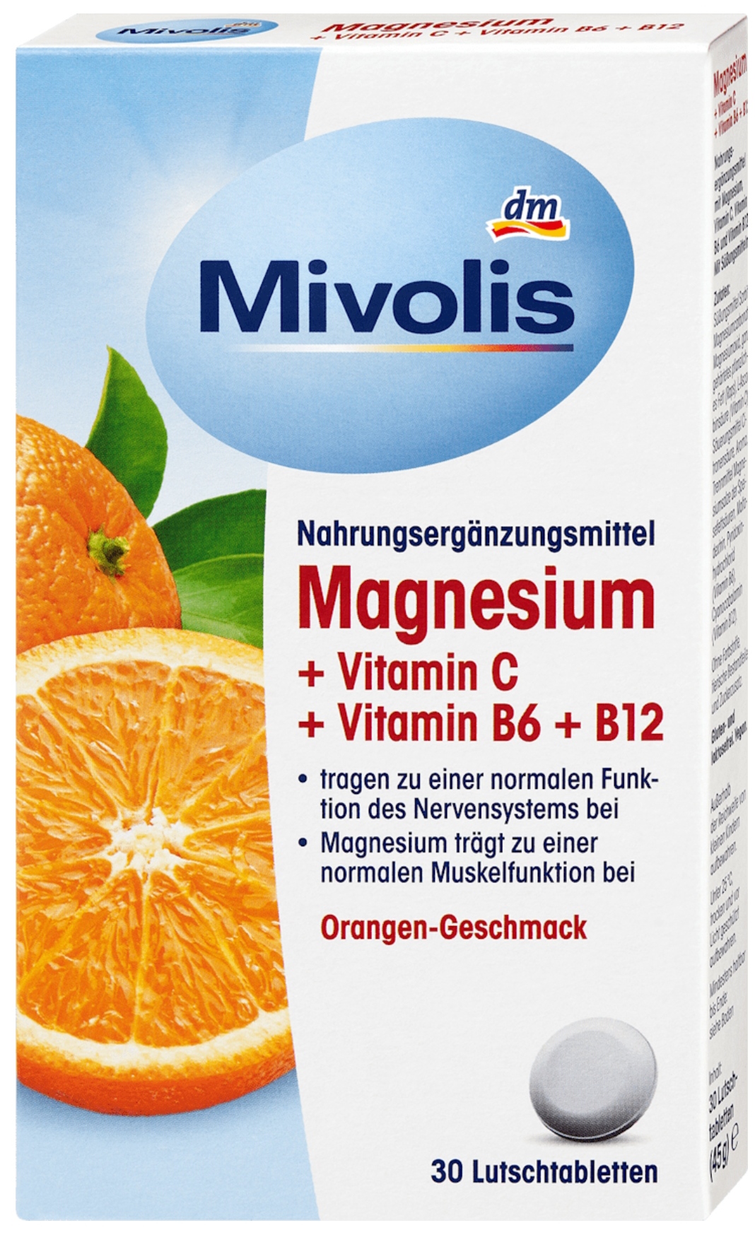 قرص جویدنی منیزیم + ویتامین C + ویتامین B6 و B12 با طعم پرتقال Mivolis Magnesium + Vitamin C + Vitamin B6 + B12