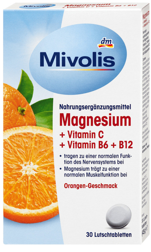 قرص جویدنی منیزیم + ویتامین C + ویتامین B6 و B12 با طعم پرتقال Mivolis Magnesium + Vitamin C + Vitamin B6 + B12