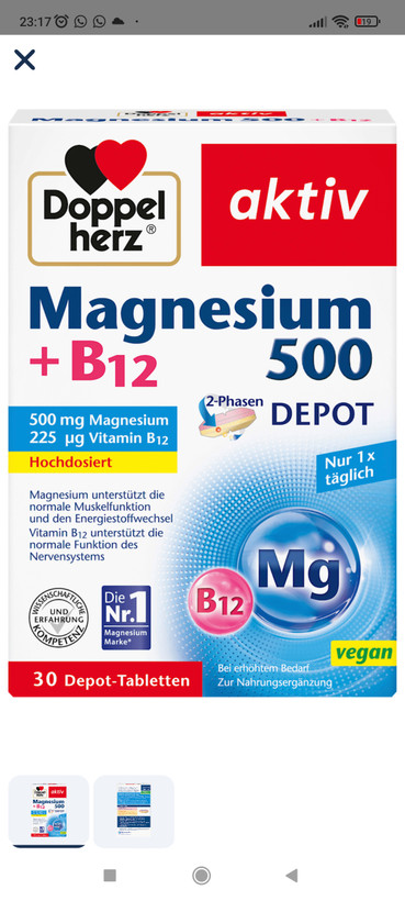 قرص منیزیم ۵۰۰ + ویتامین B12 دو فازی دابلهرتسDoppelherz Magnesium 500 + B12 – 2-Phasen Tabletten