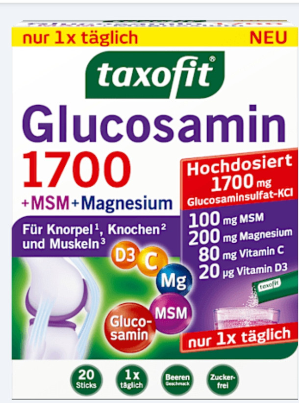 ساشه /پودر نوشیدنی گلوکزامین 1700 + MSM + منیزیم با طعم بری تاکسوفیت (TAXOFIT Glucosamin 1700 + MSM + Magnesium Trinkgranulat)
